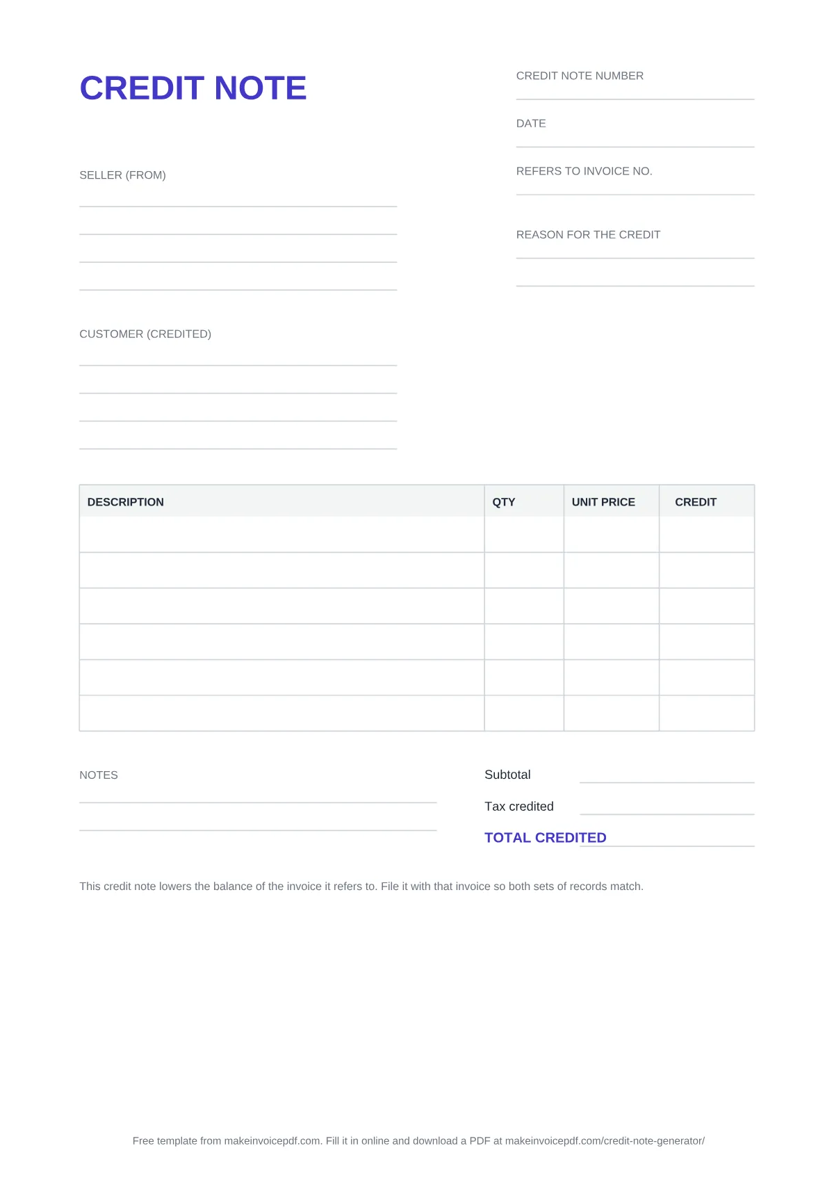 Blank credit note template: seller and customer blocks, invoice reference, reason for the credit, item table and totals